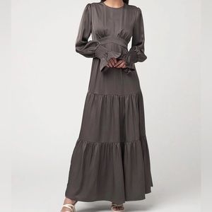 Maxi Satin Smocked Dress with Ruffle Sleeves